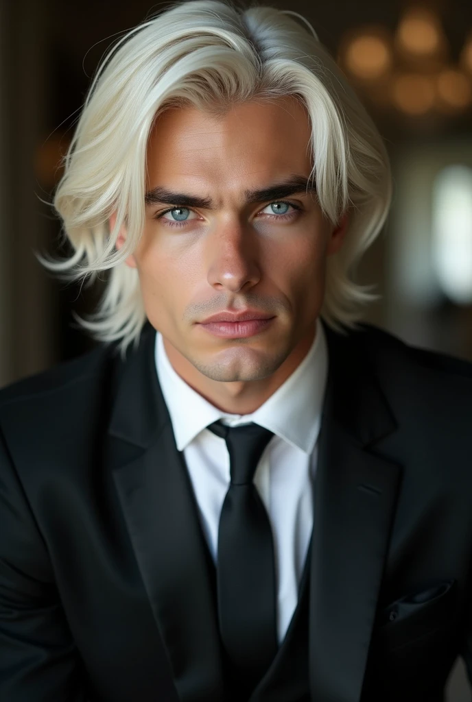 A gorgeous man platinum hair medium length and ice blue eyes no beard white skin and black formal suit NOT OLD 
