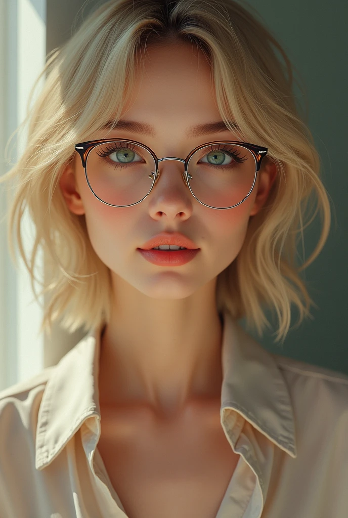 Jeune fille réaliste, yeux verts, mi asiatique mi occidentale, blonde , bronzé, coupe cheveux courts avec des lunettes de vue