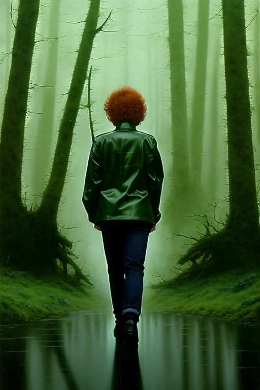 Concept art for 1986 psychological sci-fi horror film starring -year-oldly Riald wearing a dark-green jacket with butterfly logo on back, and blue jeans, in the style of Noriyoshi Ohrai, extremely detailed, creepy, eerie, atmospheric, hallucinatory, heavy rainfall, night, anti-heroine, dark, unsettling, nightmare