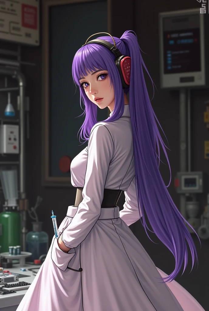 Korean purple hair butterfly woman with headphone scientist outfit with syringe full body perfect body and perfect face of pigtails long hair realistic photo in laboratory