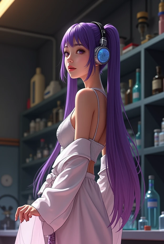 Korean purple hair butterfly woman with headphone scientist outfit with syringe full body perfect body and perfect face of pigtails long hair realistic photo in laboratory