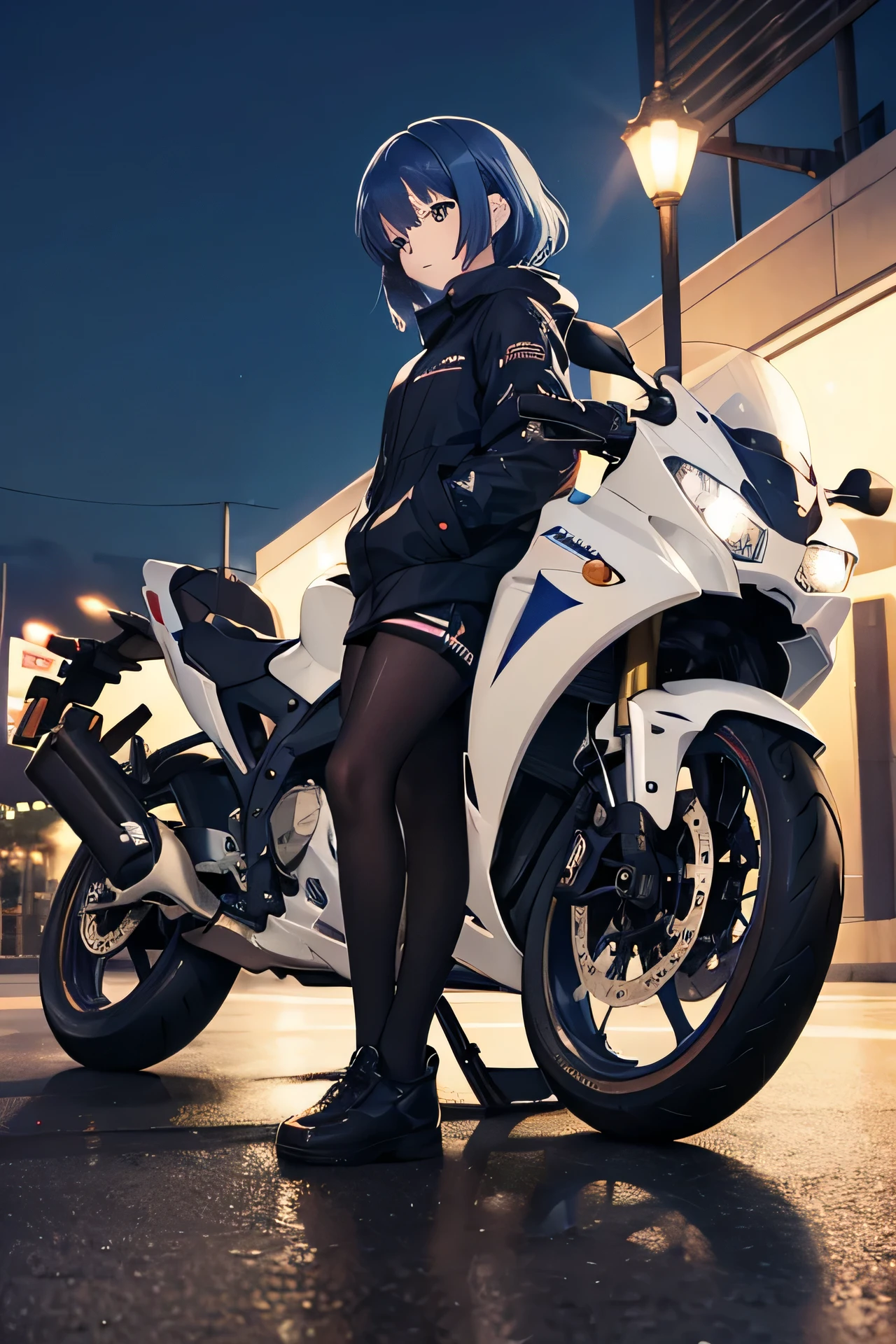 Yamada ryo, standing beside honda cbr, park background at night, detailed features, soft colours, detailed eyes, detailed motorcycle