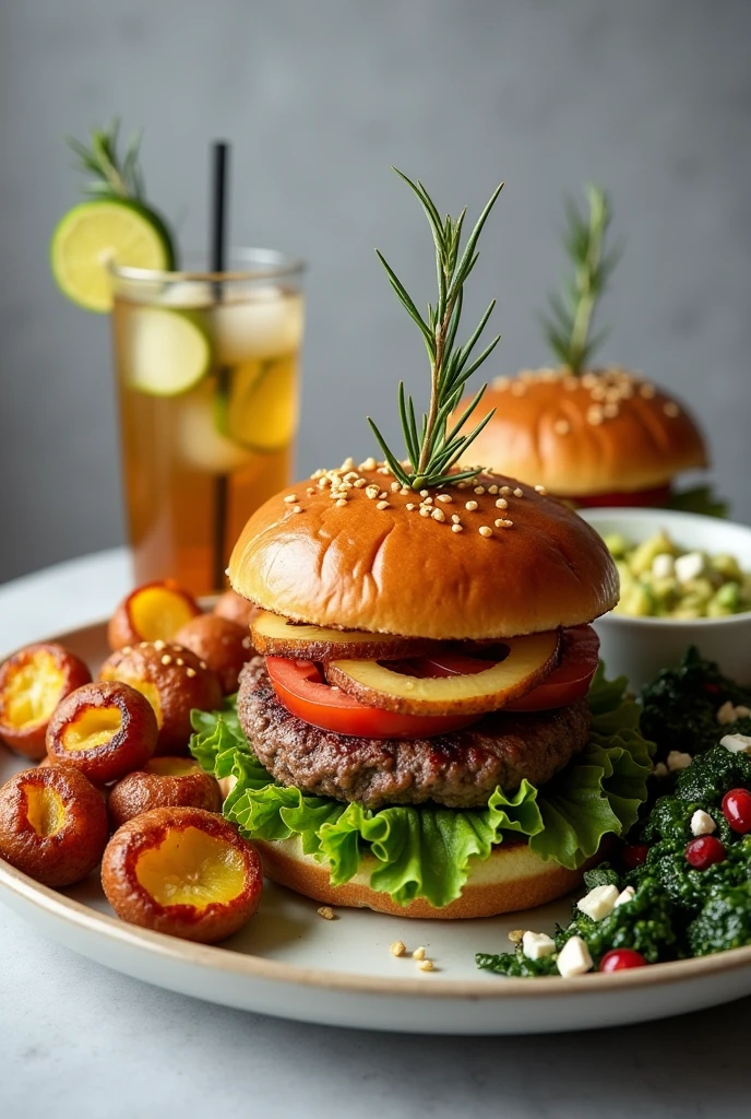 Generate an image of a complete plate with the following elements:
1. **hamburger**: A classic burger with bread, meat, lettuce, tomato and onion.
2. **Garrison**: Roasted potatoes with a light honey glaze and fresh rosemary sprigs.
3. **Drink**: A glass with a whiskey cocktail, Infused with green tea and ginger slices.
4. **salsa**: A bowl of avocado salsa with lemon juice and a touch of honey.
5. **salad**: salad de col rizada con granos de granada y trozos de queso azul.
6. **Rolls**: Rolls de cebolla y pasas, visible and appetizing.
The presentation should be attractive and well organized., clearly showing each element of the dish in a single layout.