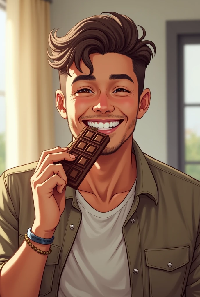 Eat chocolate　male　smile　cool　
Bright room　Simple Background　