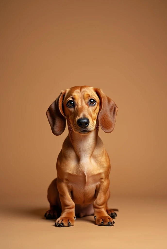 a beautiful dachshund dog, beige, she is fat, sitting facing forward, isolated on a brown background