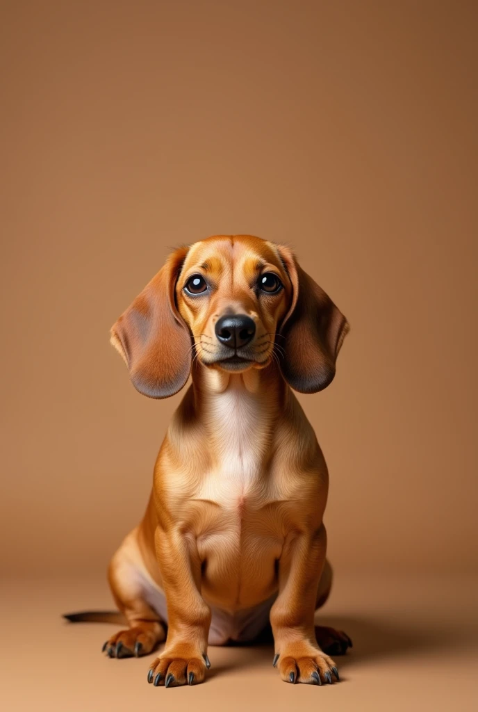 a beautiful dachshund dog, beige, she is fat, sitting facing forward, isolated on a brown background