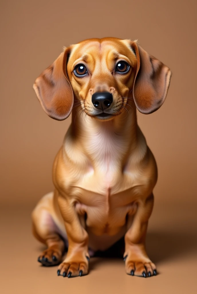 a beautiful dachshund dog, beige, she is fat, sitting facing forward, isolated on a brown background