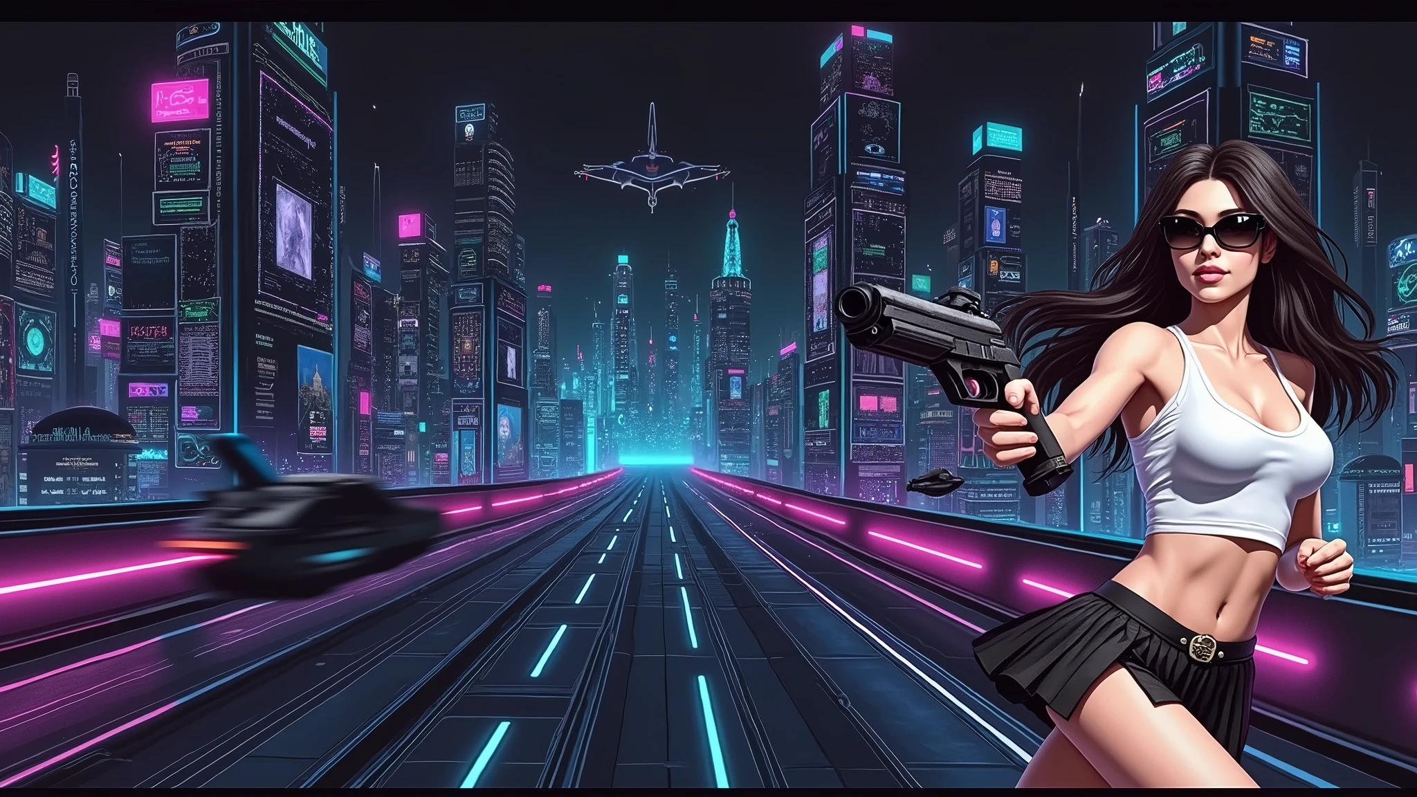 Futuristic cityscapes with colorful all-glass outlined towering skyscrapers with lightning, flying vehicle. High-resolution OLED GUI interfaces in the building, The windows are filled with transparent data visualization infographics that show it all, Egyptian fantasy arts, Egyptian statue, (Egyptian hieroglyphics). Colors are saturated and vibrant. At night, (1girl, solo, alone), photorealistic, large-breast slim:0.6 body, oval:0.5 face, cleavage:1.1, very low angle view of pleated miniskirt, deep-v, (upskirt), glove, (Matrix style black micro sunglasses), (aiming viewer with a short gun), dynamic running pose, (half-body thigh level close-up shot), cinematic lighting, ray tracing, motion blur background.