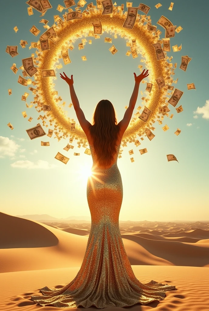 High resolution woman in gold glitter dress from behind with her hands raised to the sky in the desert and a spiral of money bills descending on her