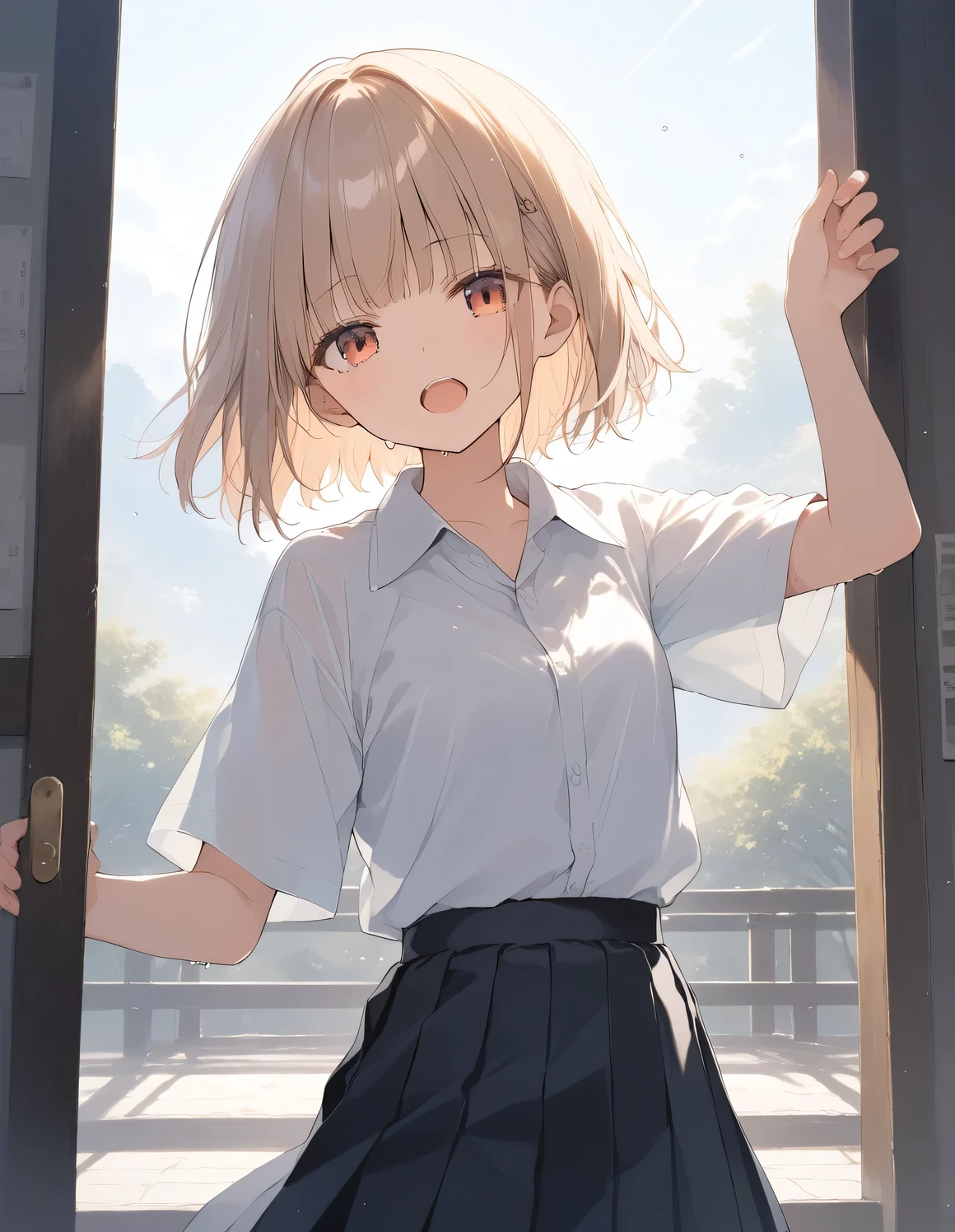 score_9, score_8_up, score_7_up, source_anime, best quality, masterpiece, official art, absurdres, highres, ultra-detailed,waifu2x,Collection: Slice of Life,break,1girl, very short hair, blunt bangs, hime cut, small breasts, beautiful detailed eyes, collared shirt, pleated skirt, sweat, open mouth, (yawn:0.3), expressionless,cool beauty, outdoors, (Detailed Lighting), (Detailed background),break,(clear line illustration:1.2), super detailed skin,very high resolution, very aesthetic, Best sexual lighting powered by famous artist, 8k, 16k, cute picture,beauty illustration,photoshop_(medium),,(Detailed Lighting),best anime 8k konachan wallpaper, pixiv contest winner, ((artist:takeuchi_takashi )),