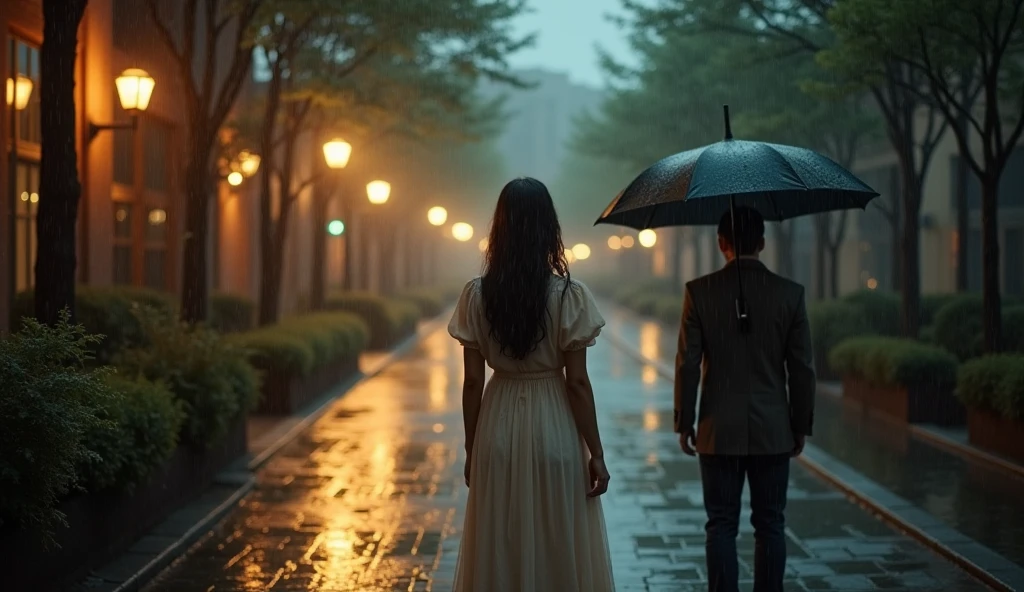 "Visualize a melancholic scene where a woman stands alone in the rain, watching a man from behind on a picturesque, cobblestone street lined with trees. The scene is set at night, with the soft glow of street lamps reflecting off the wet pavement. The woman, dressed in a flowing, light-colored dress, moves gently with the breeze as raindrops fall around her. The man, unaware of her presence, stands a short distance away under a large umbrella, lost in thought. The camera should focus on the woman’s face, capturing the deep, unspoken emotions of longing and love. The background should be slightly blurred to emphasize the connection and distance between the two characters, with warm, soft tones to create a tender and nostalgic atmosphere."