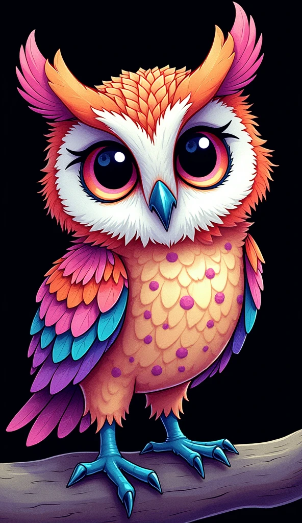 a colorful chibi owl standing on top of a black background, owl detailed, art nouveau Klimt inspired, high
contrast coloring, coloured with lots of colour, coloring book page, psychedelic, colouring colored in, perfect coloring,full of colors and rich detail, bright colors, highly detailed, colourful , neon coloring, detailed art in color, coloring book style, highly intricate and colorful, Delicate pink and black line pattern, Intricate pattern, Detail part, Dynamic