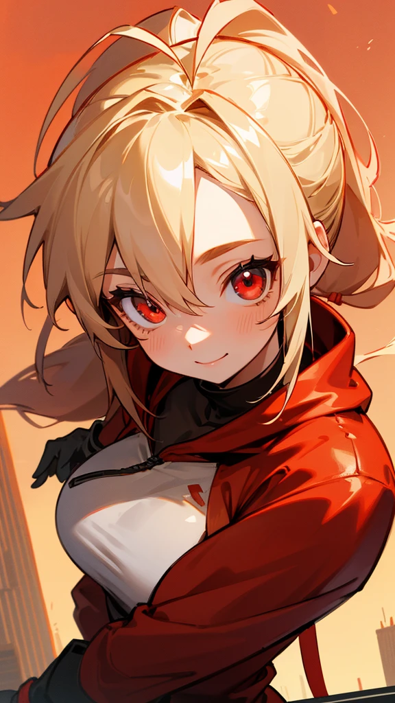 1 girl、alone、Wearing a red hoodie、Wear leather gloves、Blonde ponytail、Ahoge、Beautiful red eyes、smile、Highly detailed face、Upper body close-up、Highly detailed illustration、Golden hour sky、Skyscraper rooftop