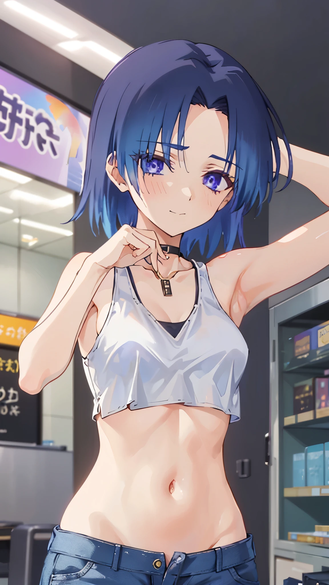 tall girl, 1 girl, anime artstyle, work of art, high resolution, alone, 8k, detailded, face perfect, best qualityer, (Ultra-high quality), looking at spectators, (armpit), clavicle, bare arm, (Medium chest), neckleace, Dark Blue Hair, color gradated hair, with division in half, shorth hair, violet eyes, sharp looking eyes, tummy, Stomach, へそ, abdomen, aretes, chocker, crop top, mini-short, Short jeans, thicc thighs, Fine body, (trunk), ssmile, blush, In school, hands up