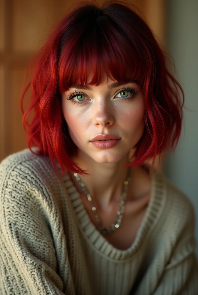 (Best quality, 8k, 32k, Masterpiece, UHD:1.2),Photo of Pretty 2 american woman, very short bob hair,upper body,face focus, oversized_sweater,:1.1) necklace, background, looking at viewer, leaning forward, (((red hair with black bangs))), (((vibrant light green eyes))) (((award winning detail)) ((avatar makeup and popstar clothes)))