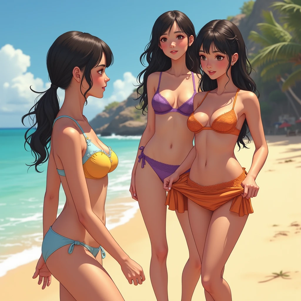 A girl is taking off her skirt, revealing her bra and orange lace panties, while her younger sister is wearing purple underwear, standing nearby. Standing in front of the beach, a girl in a light blue and yellow bikini walks past.