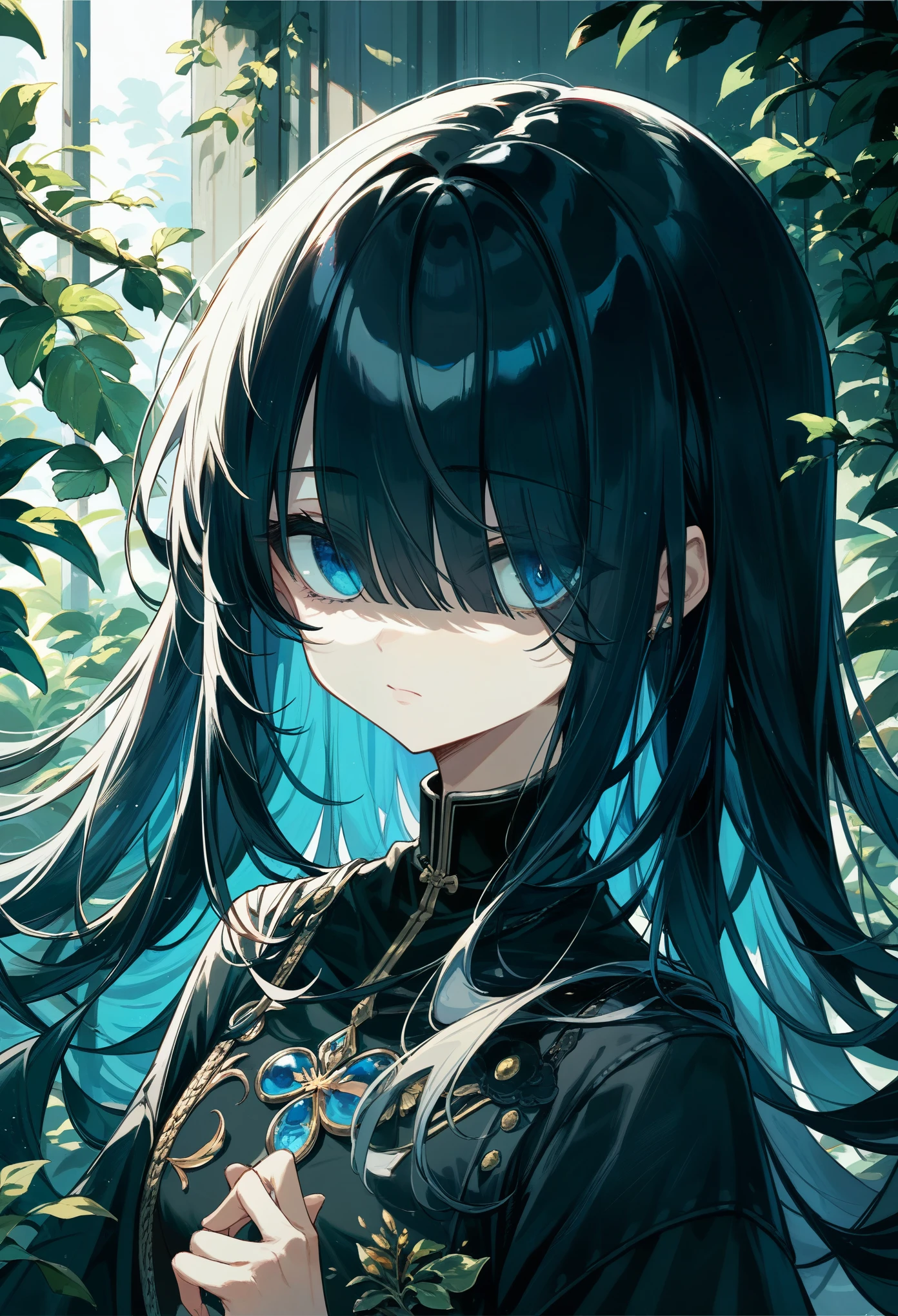 eyes visible through hair / bangs,(hair over one eyes),Long Black Hair、blue eyes,