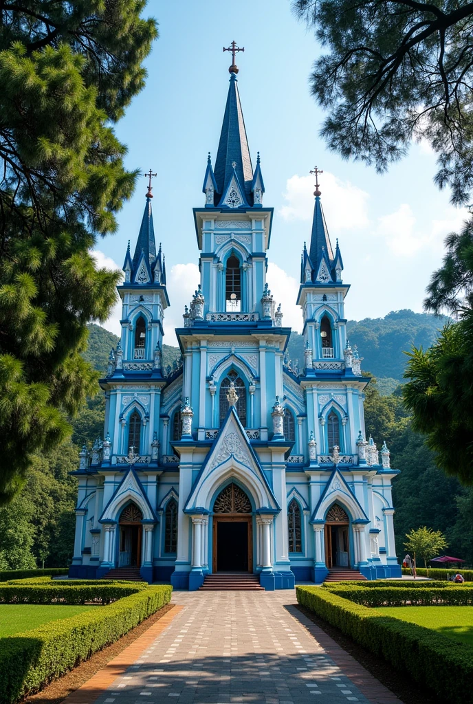 Beautiful church colour with blue and white in Shillong town of Meghalaya within surrounding with treees

