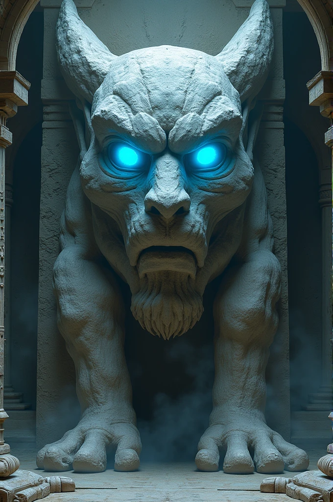 Create an image of the god Eeekat where he looks imposing, made of stone, with eyes that stand out in blue