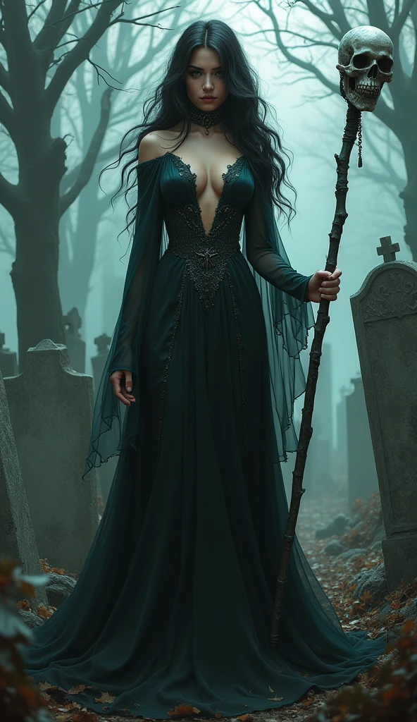 full body, beautiful female necromancer, in the style of luis royo, open front, Warhammer art, princesscore, skull staff, blink - and - you - miss - it detail, in a graveyard, by Royo --v 5.1