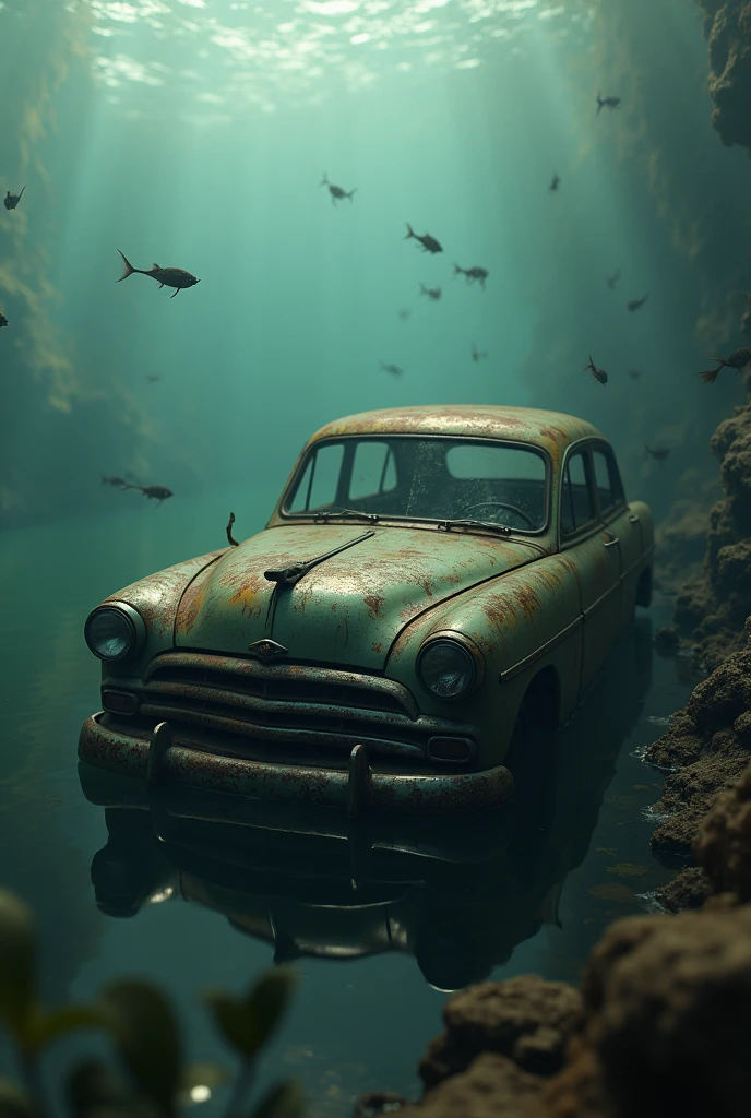 A old car drawn into see downwards