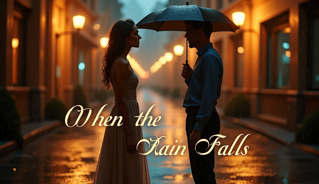 "Create a visually striking thumbnail featuring a woman standing in the rain, gazing longingly at a man who is standing a short distance away, under a large umbrella. The setting is a romantic, rain-soaked street at night, softly illuminated by warm street lamps. The woman is dressed in a flowing, light-colored dress, and her expression is one of deep emotion and yearning. The title 'When the Rain Falls' should be displayed in elegant, cursive text at the bottom of the image, with subtle light flares or heart icons to enhance the romantic feel. The overall color palette should be warm with a soft, nostalgic glow."