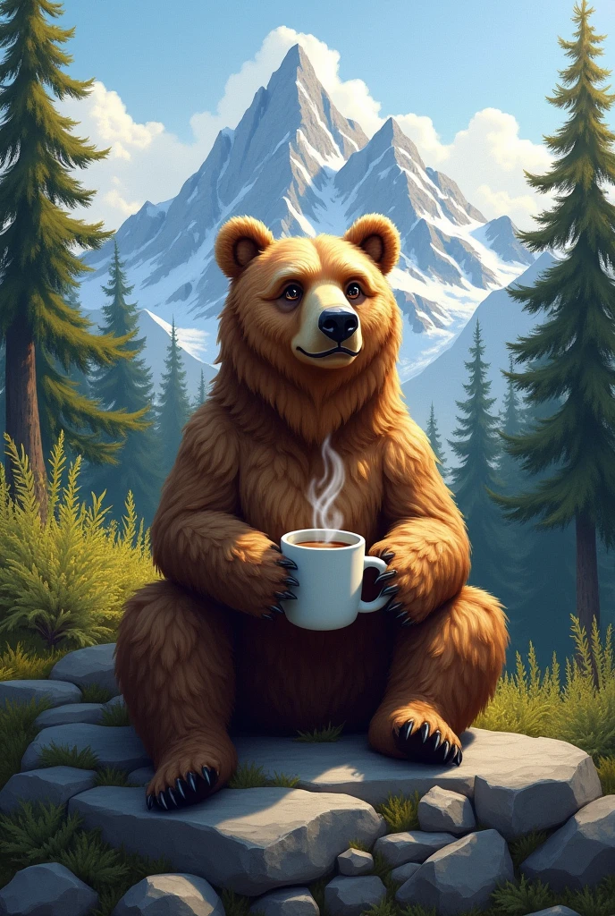 Grizzly bear holding cup of coffee,sitting on a rock in the middle of a mountain forest