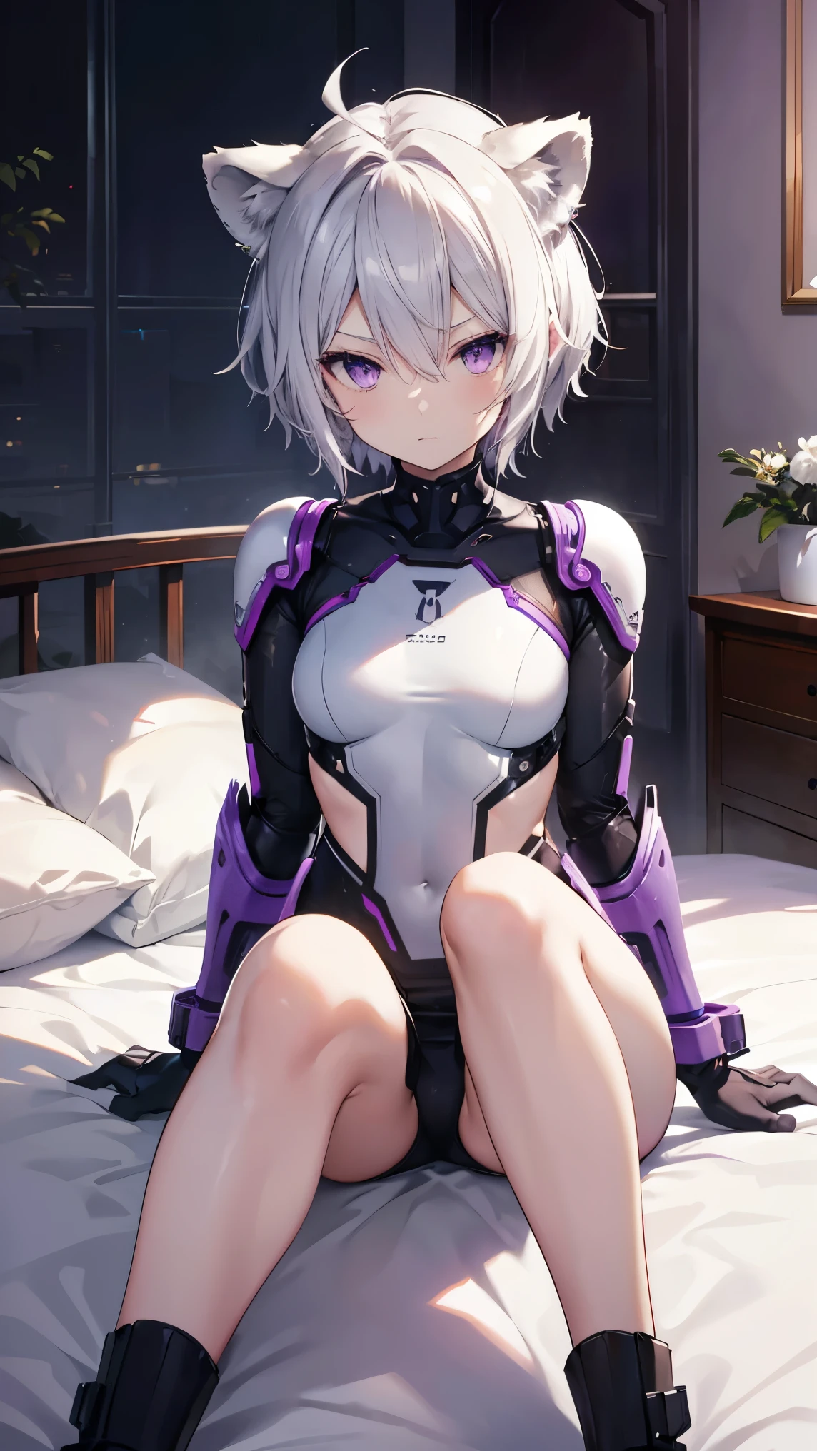 ,Highest quality,Silver Hair,Lion tail,Lion ears,Purple Eyes,Very short hair,Straight Hair,Flat breasts,Slanted Eyes,Battle Suit,Bedroom,On the bed,slender,