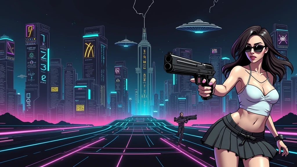 Futuristic cityscapes with colorful all-glass outlined towering skyscrapers with lightning, flying vehicle. High-resolution OLED GUI interfaces in the building, The windows are filled with transparent data visualization infographics that show it all, Egyptian fantasy arts, Egyptian statue, (Egyptian hieroglyphics). Colors are saturated and vibrant. At night, (1girl, solo, alone), photorealistic, large-breast slim:0.6 body, oval:0.5 face, cleavage:1.1, very low angle view of pleated miniskirt, deep-v, (upskirt), glove, (Matrix style black micro sunglasses), (aiming viewer with a short gun), dynamic running pose, (half-body thigh level close-up shot), cinematic lighting, ray tracing, motion blur background.