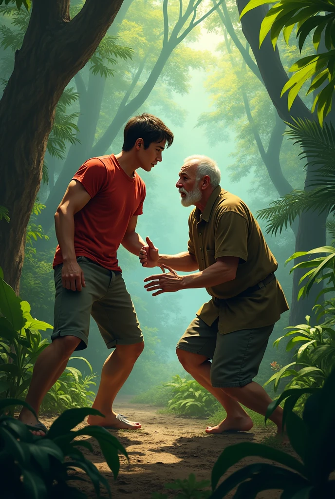 One day a young man with brown short hair in red t-shirts wants to kill and attack a poor old man with small French beard in Brown clothes in jungle ai image