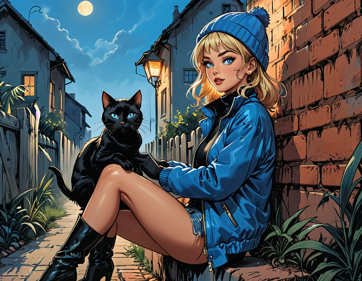 (((night))), dark, black cat, 
looks away,
(((look at each other))), glowing eyes, black cat with open mouth, ((high brick fence)), bottom view, ((tropics)),(palm), fullbody ((profile)) ((girl in Blue zipped up down winter jacket and black turtleneck )) and (((jeans))) and blue gloves and (((blue winter hat)))) ((sitting on  knee and petting a black cat on the head)) on the road with brick fence, adult, [Nordic], Hourglass elongated fitness body, perfect Olive skin, Oval Face, Long neck, Rounded shoulders, perfect hand, Attached Pointed ears, round forehead, (Short blonde Waves pixie hair), snub nose, Arched eyebrows, ((Monolid blue Eyes)), High Round Narrow cheekbones, Dimpled Cheeks, Rounded Chin, Rounded Jawline, Full nude Lips, (blue eyes), Nude Makeup Look, long eyelashes, long slim fitness legs, graphic style of novel comics, perfect hands, 2d, 8k, hyperrealism, masterpiece, high resolution, best quality, ultra-detailed, super realistic, Hyperrealistic art, high-quality, ultra high res, highest detailed, lot of details, Extremely high-resolution details, incredibly lifelike, colourful, soft cinematic light, 
(looks away),