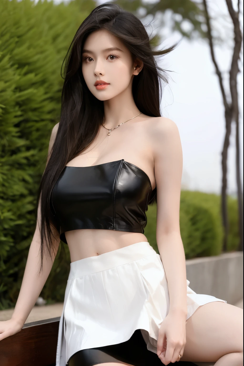 Beautiful woman with perfect body：1.4，Prominent cleavage，Layered Hairstyle，Highly detailed face and skin textures，Double eyelids，Skin Whitening，Long hair，Whitened long legs，（Rabbit ears、Black tube top、Black leather skirt）