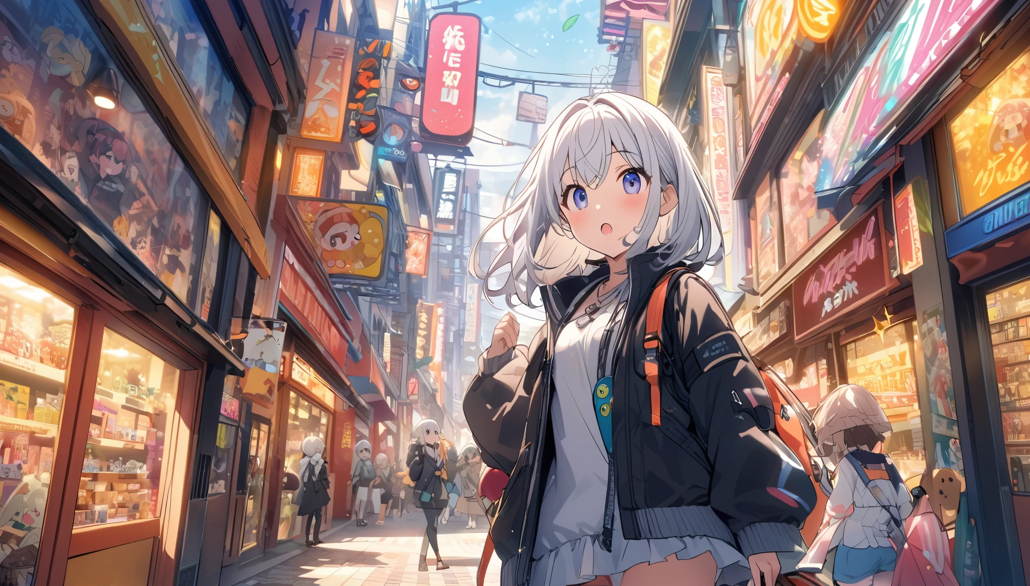 A woman with white hair and cute clothes、First visit to Akihabara。On Electric Town Street、Colorful neon signs sparkle、A store with the latest gadgets and figurines々is standing side by side。From the entrance of the game center、Rhythmic music plays、Huge posters featuring anime and manga characters catch your eye。The whole town exudes an otherworldly atmosphere.。The main character as a tourist、While wondering which store to stop at,、Enjoy the excitement of Akihabara。