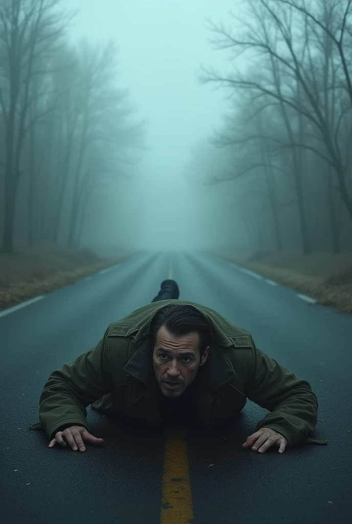man wearing an overcoat, lying in the middle of a foggy road, scared, frightened, seems to have seen a haunting