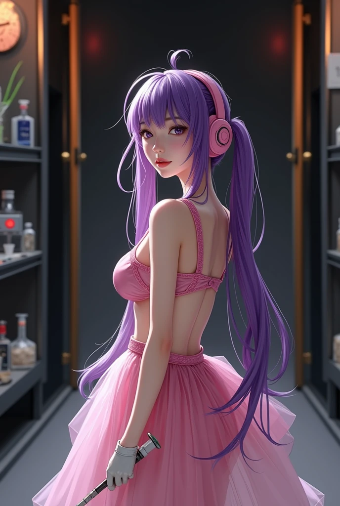 Korean purple hair butterfly woman with headphone scientist outfit with syringe full body perfect body and perfect face of pigtails long hair realistic photo in laboratory