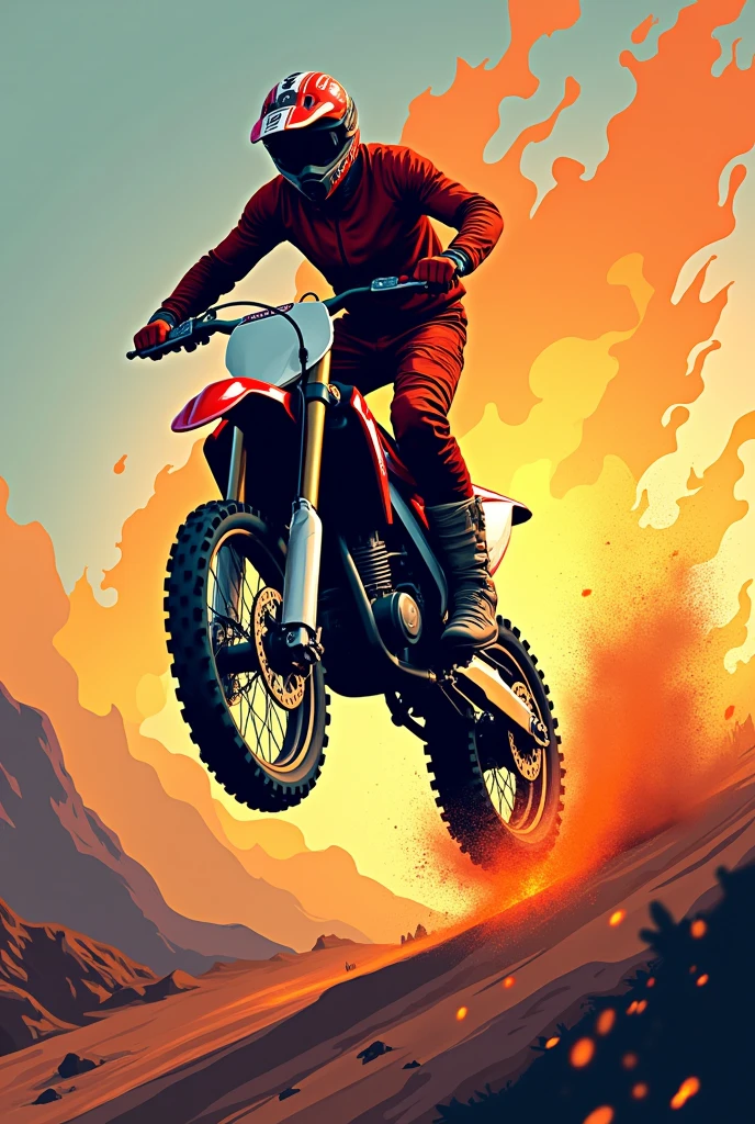 A Stylized vector art of a racing dirty moto flaming body in the air