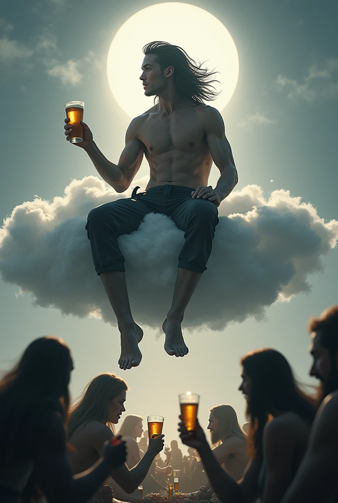 young man god of happiness his hair is black and the roots are white Scandinavian god of fun, 160 height, medium length hair black white, athletic build, sits on a cloud, below people drink beer and have fun, people look like Vikings, Dark Fantasy style 