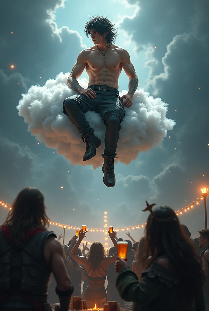 young man god of happiness his hair is black and the roots are white Scandinavian god of fun, 160 height, medium length hair black white, athletic build, sits on a cloud, below people drink beer and have fun, people look like Vikings, Dark Fantasy style