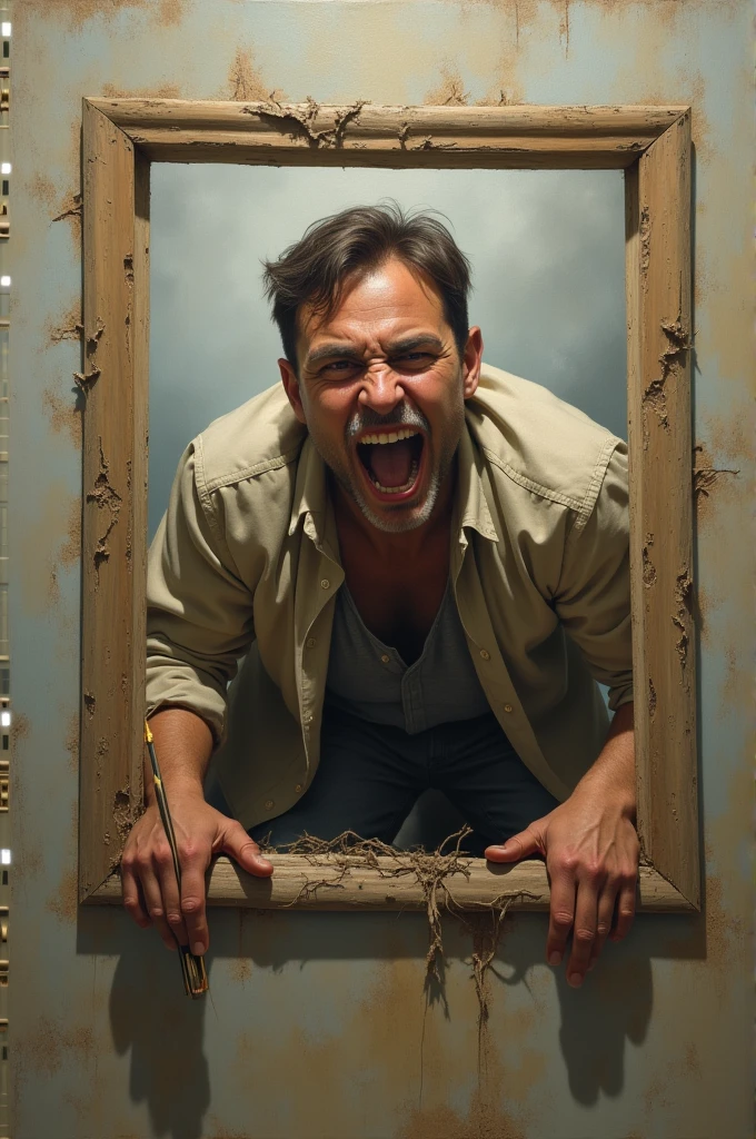 A painting in a form of a man tring to escape from his frame with the help of a pencil