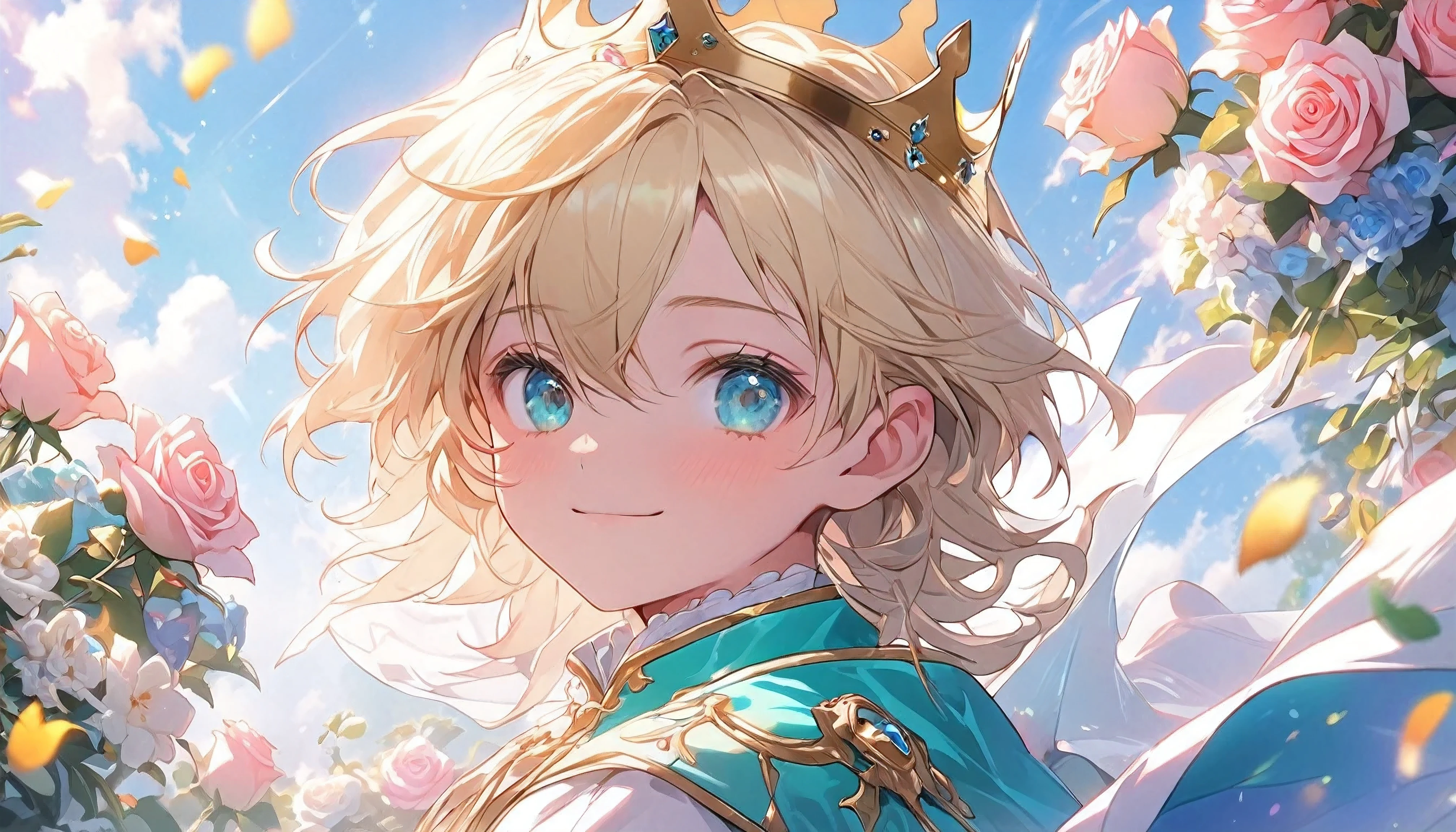 (1 little boy), solo, cute, kawaii, shiny blond hair, Beautiful turquoise eyes, ((prince)), Prince's clothes, light smile, (small and cute crown), Beautiful roses and flowers background, cowboy shot, from front, low angle, best quality, high quality, absurd-resolution, ultra detail, (masterpiece), 8k, full colors, vibrant colors, beautiful detailed eyes, beautiful face, beautiful hair, natural skin texture, detailed skin,