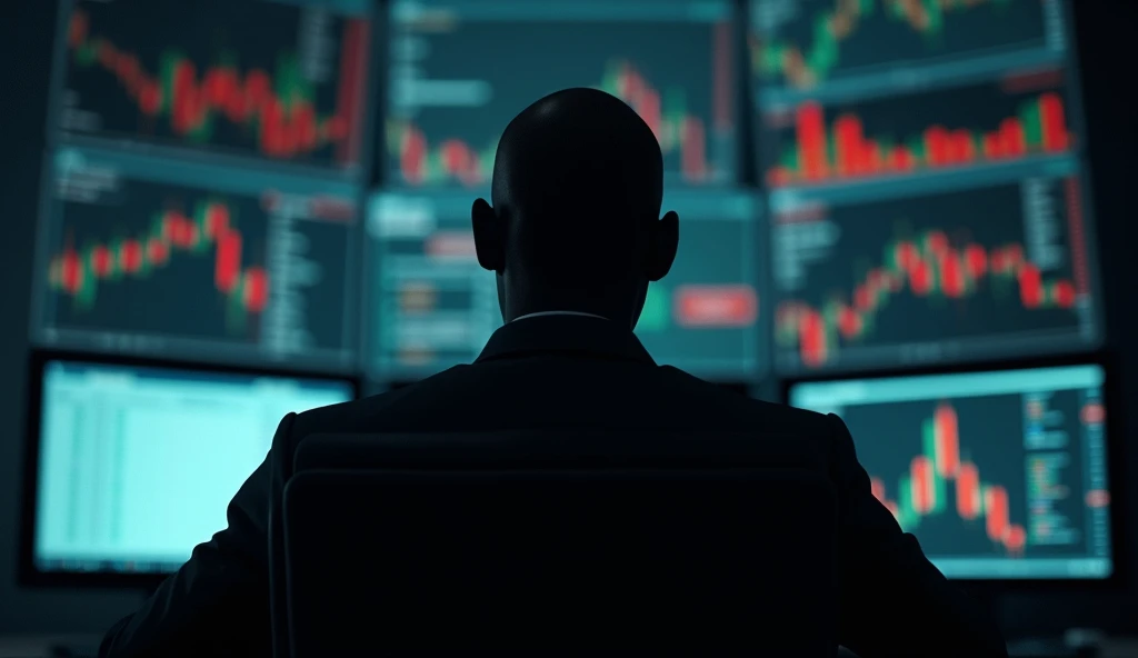 mAKE A HUMAN BEING, his name is fxhitman, a forex trader known for his market sniping abilities, black nigerian guy btw, dark enviroment surrounded with forex charts on screens, make it look like a movie poster, his face shouldnn't show it should be covered in shadow, he has bald head, amd looks like s hitman