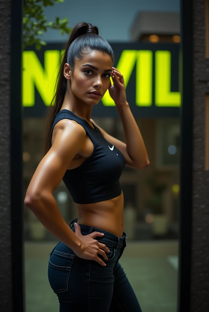 low quality, 1 2 muscular brown camel girl with a young face, posing for a photo with a Nike-detailed t-shirt and jeans on a beautiful terrace in São Paulo