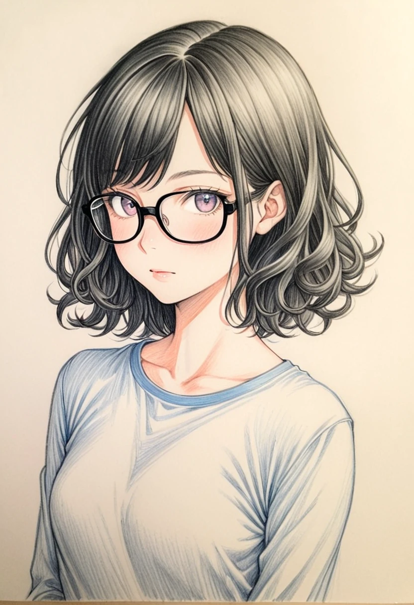 1 female, 30-year-old, alone, thin, slender, small breasts!!!, short hair, curly hair, thin, slender, (((glasses))), long sleeve T-shirt, Skinny skirt, Are standing, art, Colored pencil drawing, draft, White background, portrait