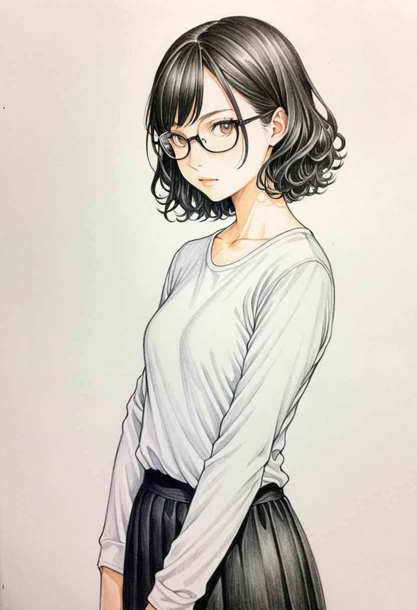 1 female, 30-year-old, alone, thin, slender, small breasts!!!, short hair, curly hair, thin, slender, (((glasses))), long sleeve T-shirt, Skinny skirt, Are standing, art, Colored pencil drawing, draft, White background, portrait