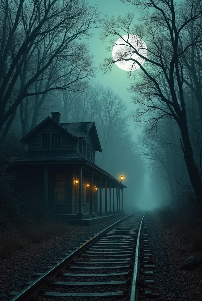 
"Depict a haunting scene at a small, eerie railway station deep within a dense forest at night.