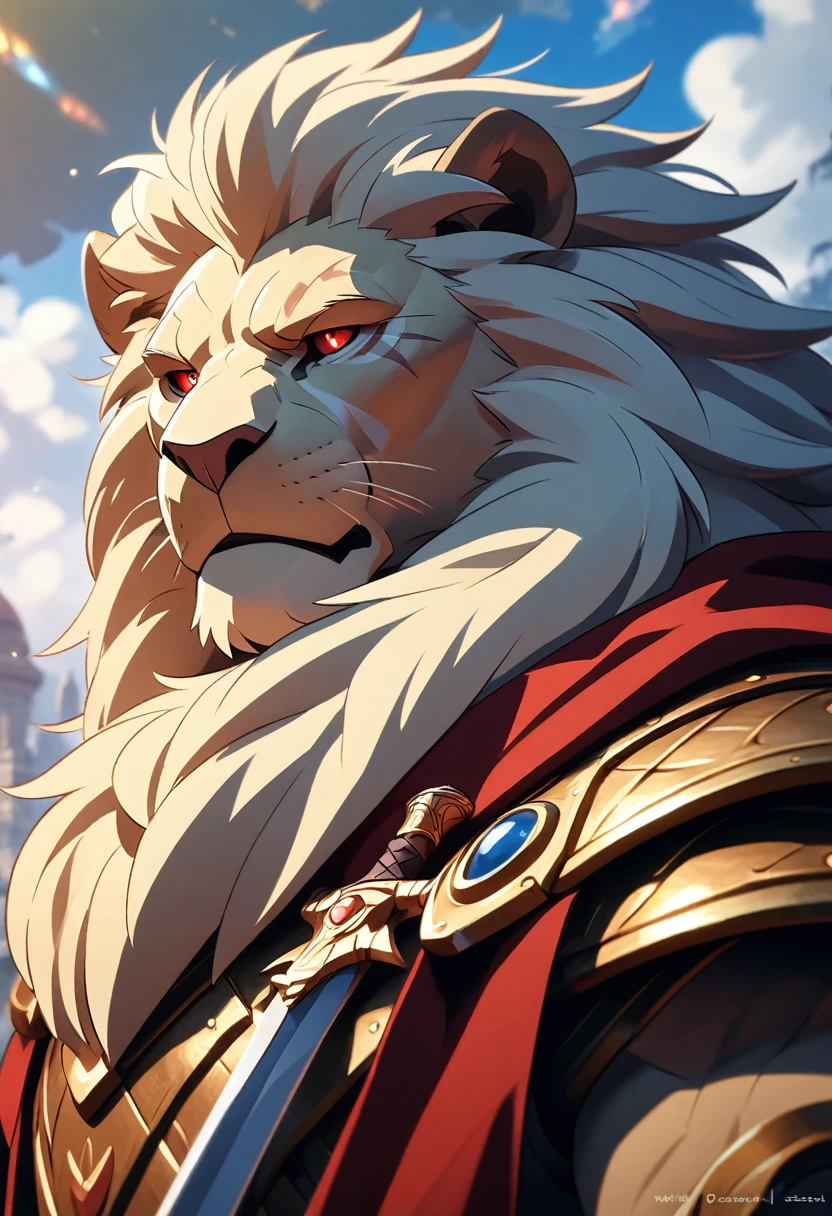 ultra detailed face, high details, old white anthro lion, named Vincent Frederick, ((white lion)) 4k,8k,high resolution, best quality, posted on e621, solo, anthro body, male, adult, masculine, correct anatomy, (detailsbackground, out-of-focus background:1.2), (by takemoto arashi:1.0), (by wfa:1), (by Taran Fiddler:0.5),(by Bontiage), a commander, (cel shaded, cartoony shading:1.2), moody expression, serious expression, grumpy expression, detailed face, good eyes, anime eyes, normal eyes, normal hands, black lineart, black outline, flat coloring, (strong shadows, dark shadows:1.2), at battle field, cloudy night, superior mane, a scar on left eye, center, a sheated sword on his side, wearing royalty armour, red cape, first person perspective, superior mane, a scar on left eye, first person perspective, detailed portrait, correct anatomy, best quality, 4k, 8k, highres, masterpiece:1.2, ultra-detailed, anime, HDR, UHD, ultra-fine painting, sharp focus, physically-based rendering, extreme detail description, professional, vivid colors, bokeh.