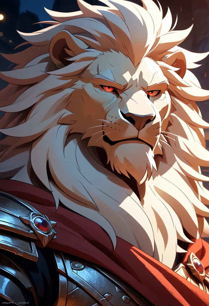 ultra detailed face, high details, old white anthro lion, named Vincent Frederick, ((white lion)) 4k,8k,high resolution, best quality, posted on e621, solo, anthro body, male, adult, masculine, correct ???????, (detailsbackground, out-of-focus background:1.2), (by takemoto arashi:1.0), (by wfa:1), (by Taran Fiddler:0.5),(by Bontiage), a commander, (cel shaded, cartoony shading:1.2), moody expression, serious expression, grumpy expression, detailed face, good eyes, anime eyes, normal eyes, normal hands, black lineart, black outline, flat coloring, (strong shadows, dark shadows:1.2), at battle field, cloudy night, superior mane, a scar on left eye, center, a sheated sword on his side, wearing royalty armour, red cape, first person perspective, superior mane, a scar on left eye, first person perspective, detailed portrait, correct ???????, best quality, 4k, 8k, highres, masterpiece:1.2, ultra-detailed, anime, HDR, UHD, ultra-fine painting, sharp focus, physically-based rendering, extreme detail description, professional, vivid colors, bokeh.