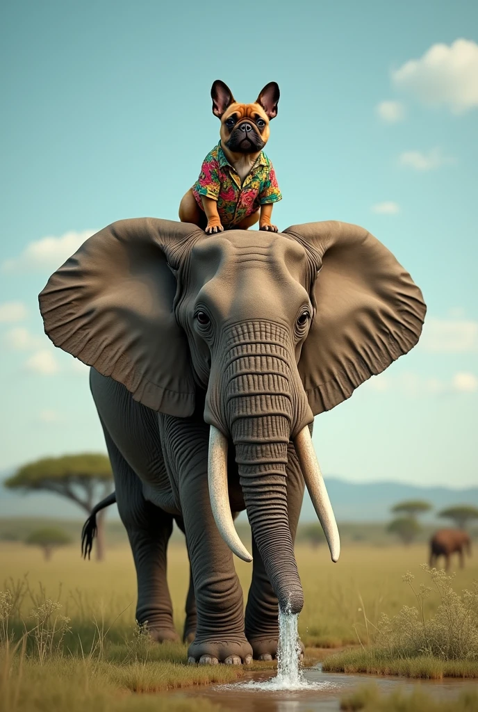 French bulldog riding an elephant、Water from the elephant&#39;s trunk、Savannah、Wearing a colorful aloha shirt