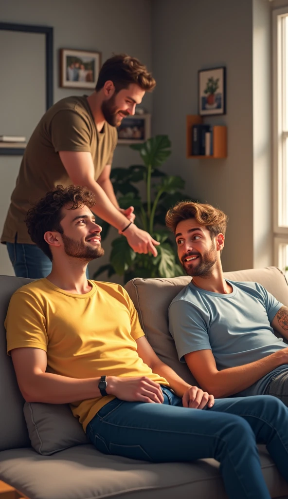 There Three male friend two friend are setting on sofa one friend are cleaning room