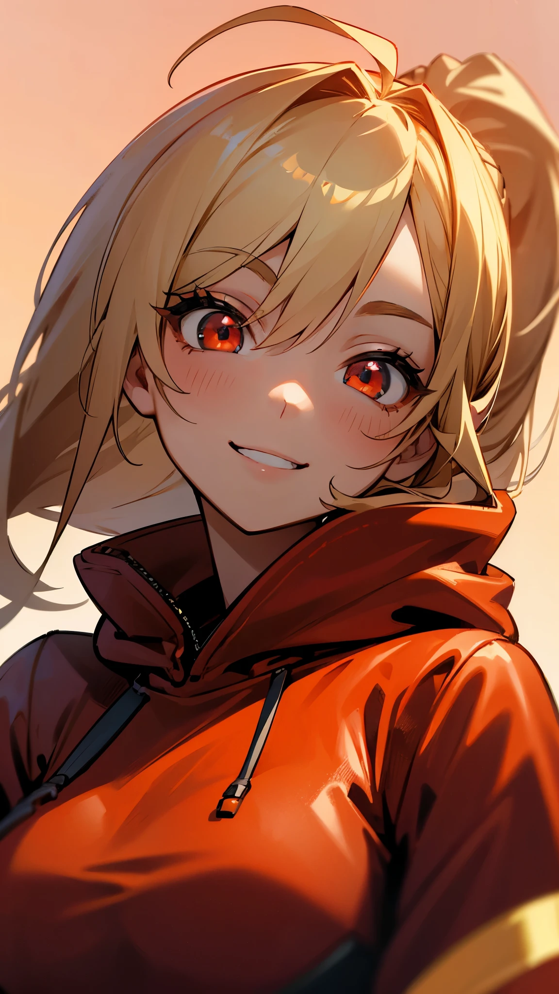 1 girl、alone、Wearing a red hoodie、Wear leather gloves、Blonde ponytail、Ahoge、Beautiful red eyes、smile、Highly detailed face、Upper body close-up、Highly detailed illustration、Golden hour sky、Skyscraper rooftop